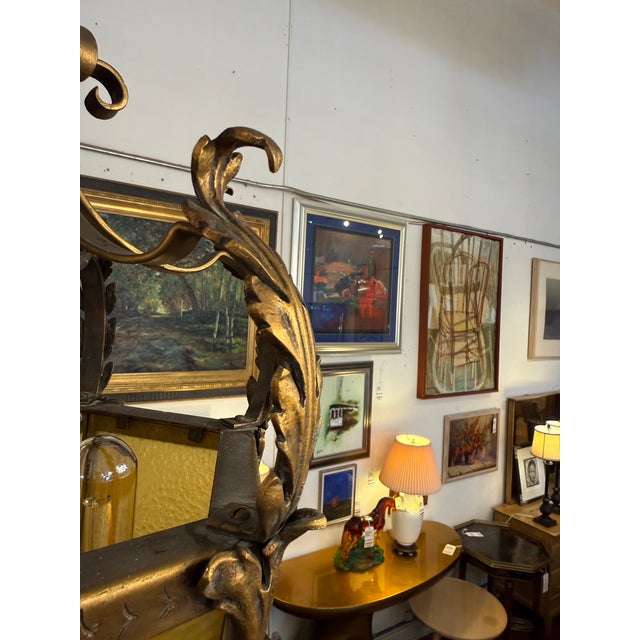 Gothic Revival Style Gilt Metal + Amber Glass Lantern Pendant, Vintage For Sale In San Francisco - Image 6 of 12
