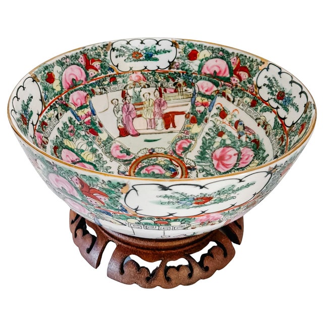 1970s Chinese Rose Medallion Hand-Painted Porcelain Punch Bowl With Carved Wood Stand For Sale - Image 11 of 13