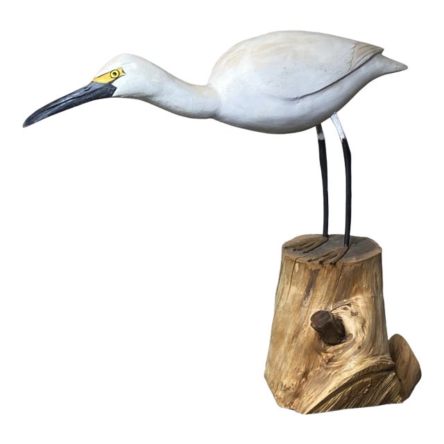 Vintage Mid 20th Century Hand Carved Crane Shore Bird For Sale