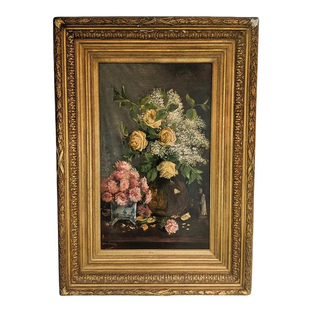 Late 19th Century Still Life of Yellow Roses Oil Painting on Canvas, English For Sale