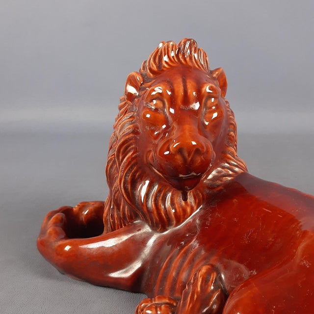 Ceramic Iridescent Majolica Lion Sculpture, 1950s For Sale - Image 7 of 16