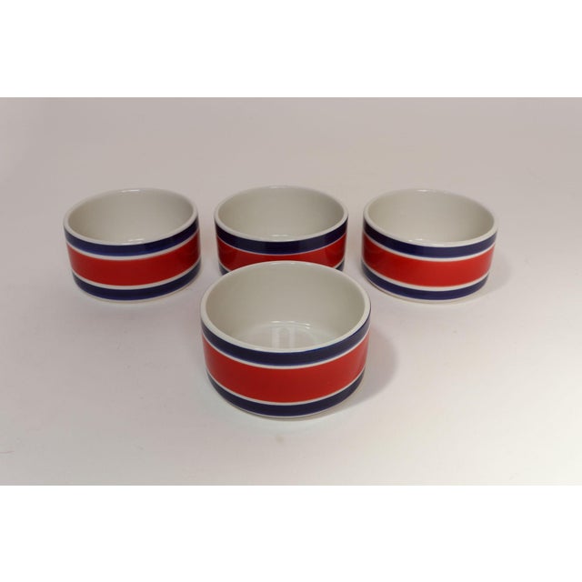Set of Four Vintage Italian Red, White and Blue Striped Ceramic Bowls by Mancioli For Sale - Image 4 of 14