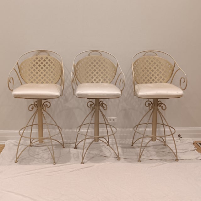 Vintage French Style Wrought Iron Metal Indoor/Sheltered Outdoor Swivel Barstool With Light Cream Coating, Geometric...
