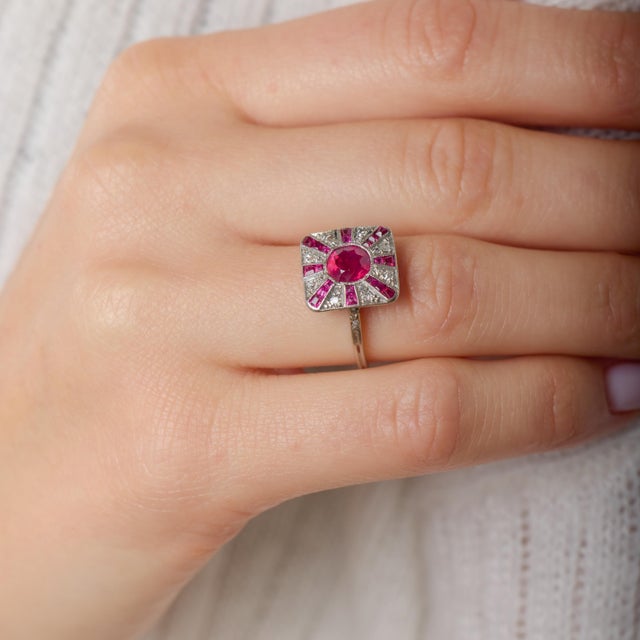 Metal 1930s Art Deco Ruby Diamond Platinum Ring, Size 5.75 For Sale - Image 7 of 7