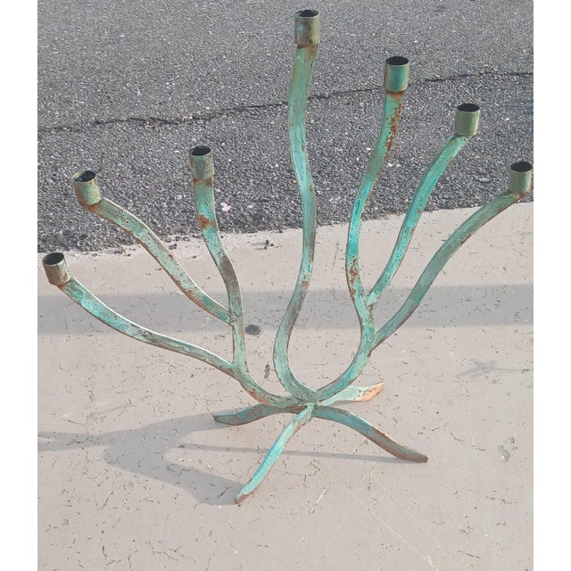 Vintage 7 Arm Brutalist Candelabra Hand-Forged Iron and Copper With Verdigris For Sale - Image 12 of 14