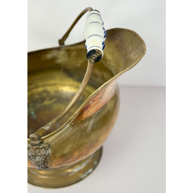 Antique Brass and Blue Porcelain Coal Scuttle Helmet Form Early 20th Century For Sale - Image 10 of 12