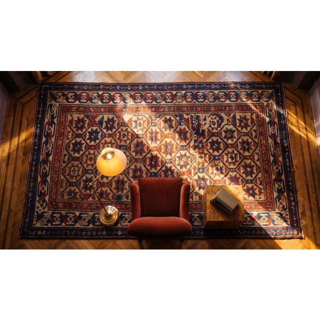 Textile 1880s Beige Geometric Tribal Antique Caucasian Kazak Carpet 3'10" X 8' Handknotted Wool Rug For Sale - Image 7 of 9