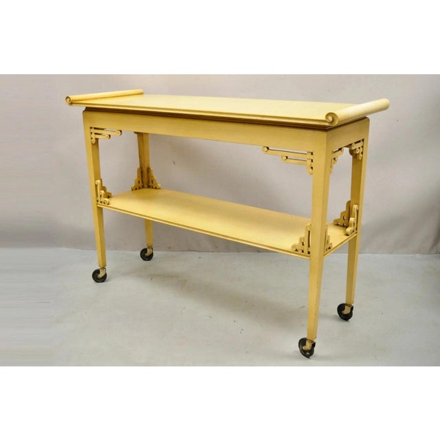 Vintage Chinoiserie Bone Lacquer Oriental James Mont Style Console Table Server. Item features rolling casters, 2 tiers,...