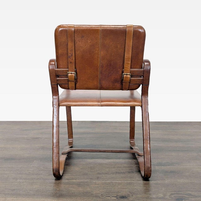 2010s Brown Leather Buckle Lounge Chair With Curved Wooden Frame For Sale - Image 5 of 11