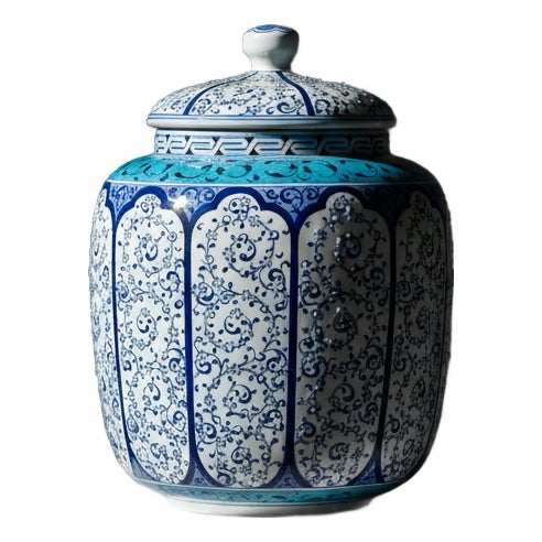 Handmade Ceramic Lidded Jar (30cm) Blue Vines & Turquoise Geometric Band – Large Decorative Canister For Sale