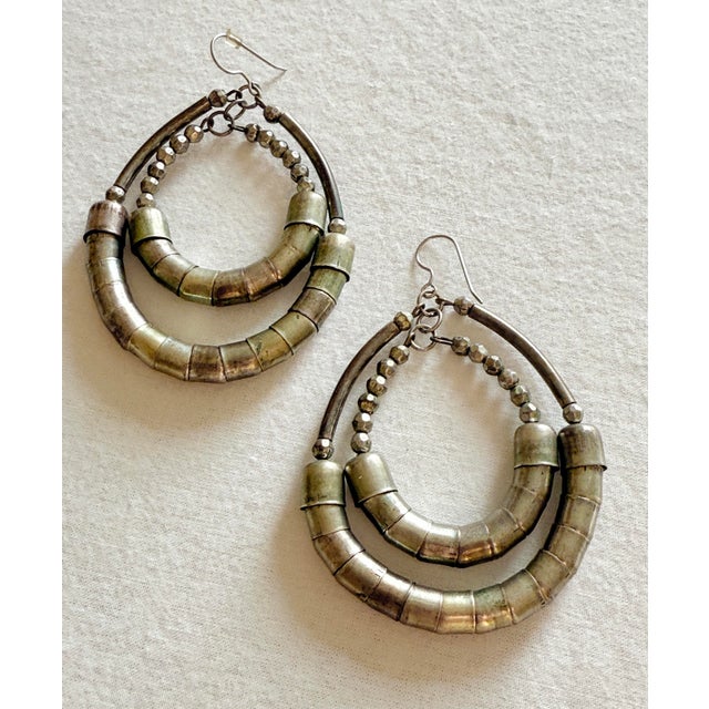 Vintage Boho Chic Mixed Metal Double Hoop Statement Earrings For Sale - Image 4 of 8