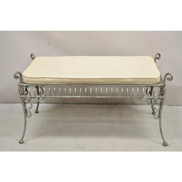 Decorator Wrought Iron Scrolling French Country Style Gray Lattice Bench. Circa Late 20th Century. Measurements: 20" H x...