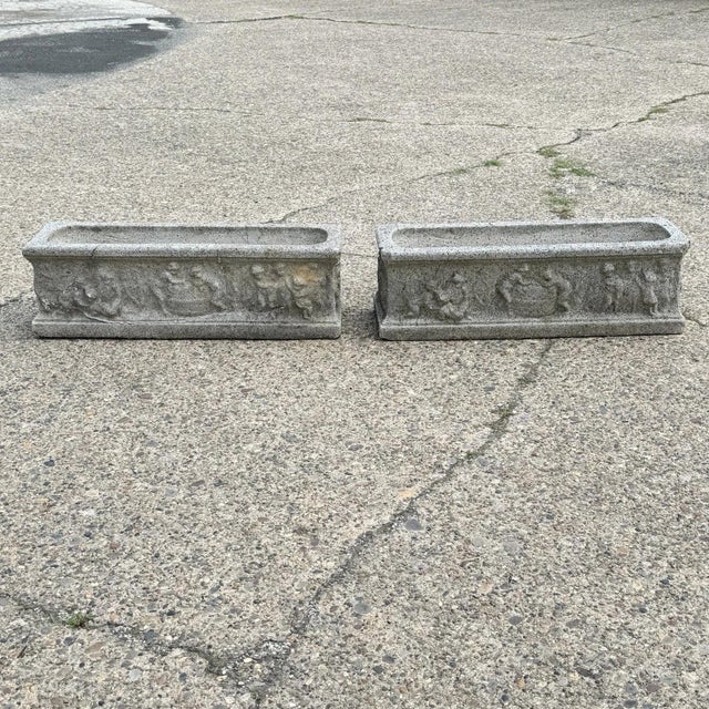 Vintage Neoclassical Style Concrete Figural Cherub 36" Long Garden Planter Pots - a Pair. Approx 150 lbs each. Circa Mid...