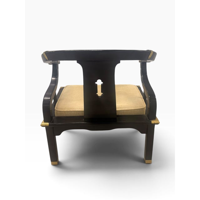 Paint Vintage Spanish Chinoiserie Black Lacquer & Brass Horseshoe Chair, James Mont Style For Sale - Image 7 of 13