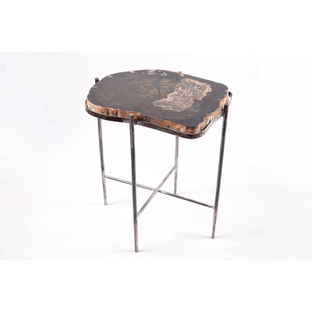 2020s Living Edge Petrified Wood Top W Iron Stand Accent Table or Side Table 50 For Sale - Image 5 of 5