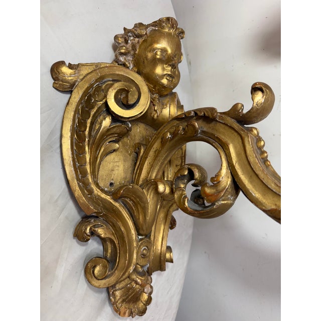 Large Antique Ornate Carved Italian Gilt Wood Cherub Wall Sconce Fixtures - a Pair For Sale - Image 9 of 18