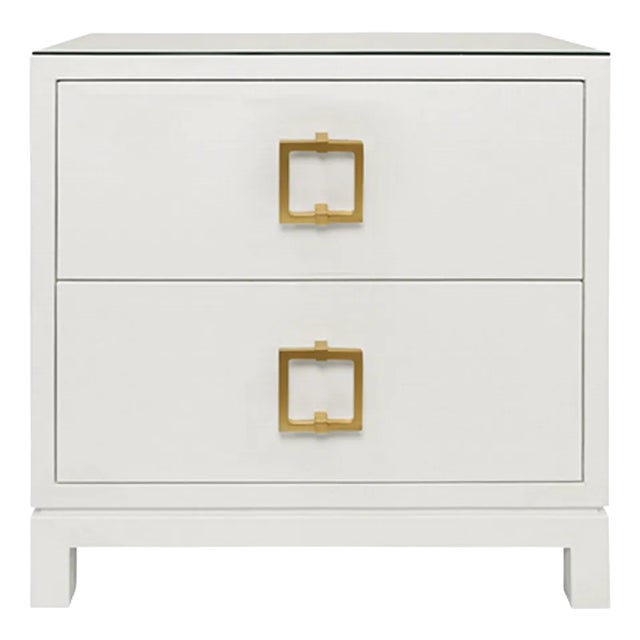 Matthew Izzo Home - Cole Textured White Linen Two Drawer Side Table With Glass Top and Satin Brass Drawer Pulls For Sale