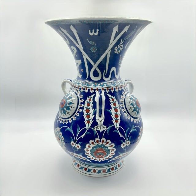 Handmade Ceramic Kandil Vase (50cm) Cobalt Blue Calligraphy Triple Handled Form For Sale - Image 11 of 11