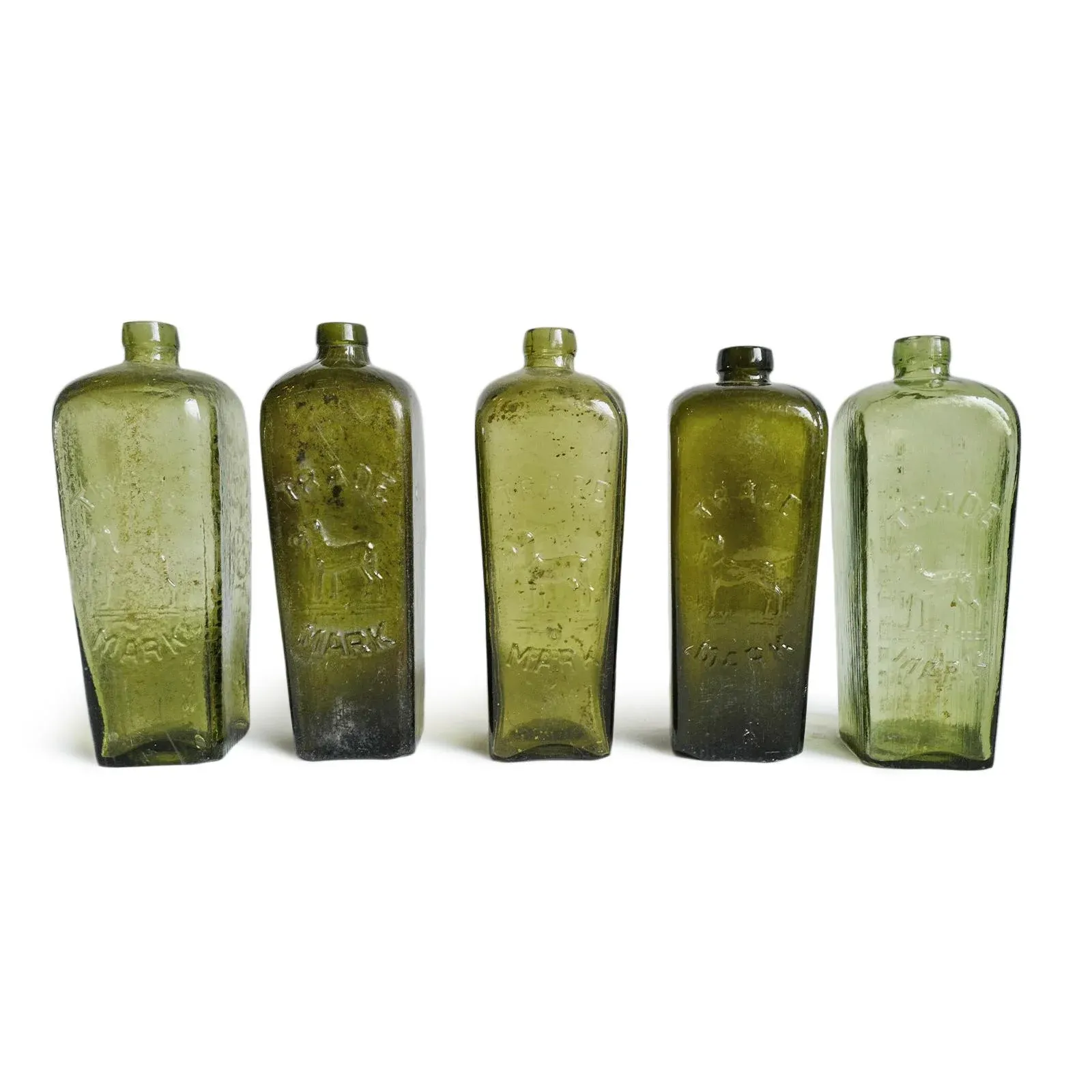 Set of Nine Antique Glass Gin Bottles | Chairish