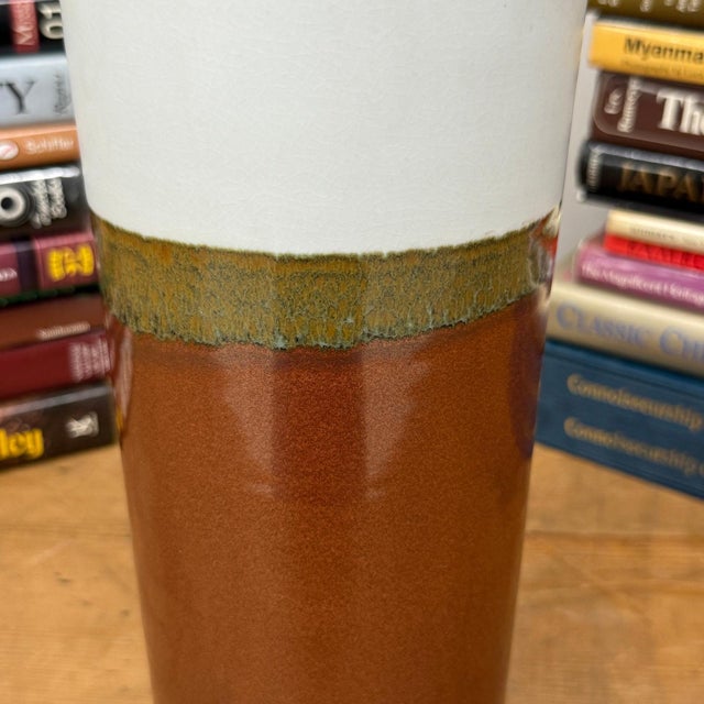 White and Copper Ceramic Vase with Olive Glaze Band For Sale In New York - Image 6 of 10