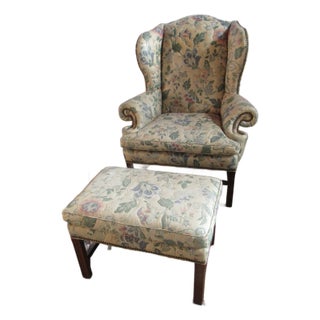 1980s Sherrill Designer Wing Chair Ottoman For Sale