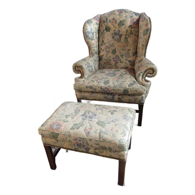 1980s Sherrill Designer Wing Chair Ottoman For Sale