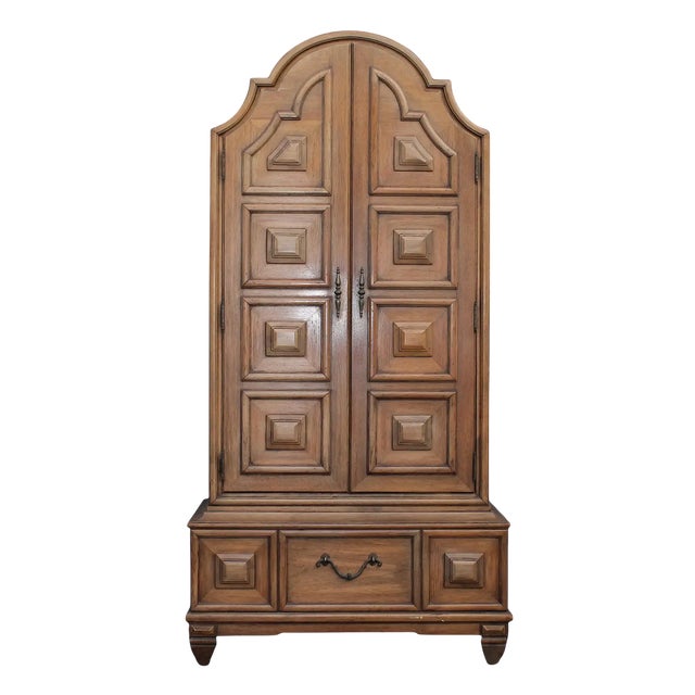 Brown Thomasville Spanish Colonial Hollywood Regency Style Mid Century Oak Armoire - Vintage 1960s For Sale - Image 8 of 11