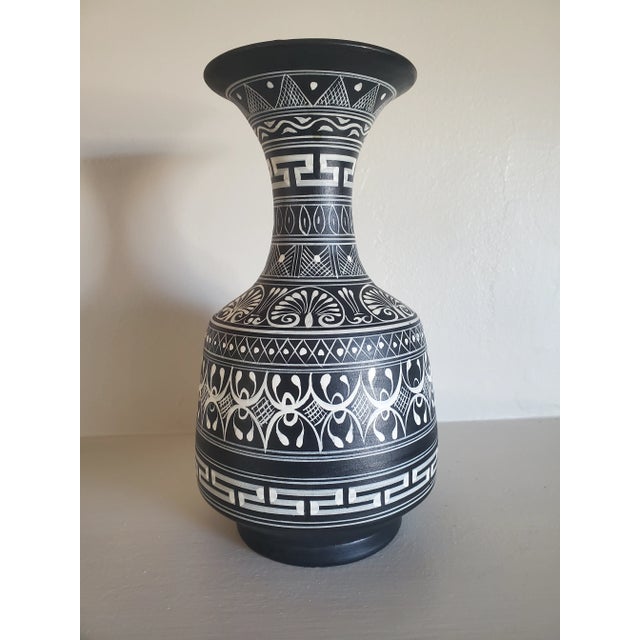 1970s Vintage Hand Painted Black and White Terracotta Vase For Sale - Image 5 of 5