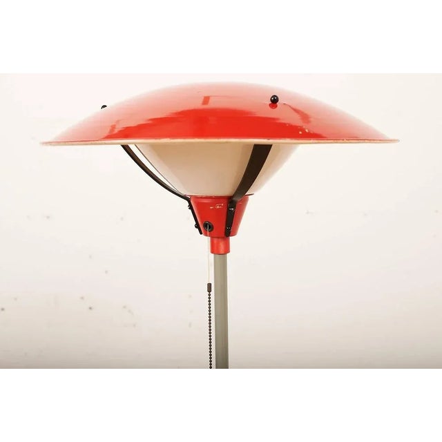 Gray Painted Tubular Steel Floor Lamp with Black Metal Base, Red Painted Metal Shade and Frosted Glass Diffuser For Sale - Image 6 of 10