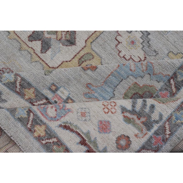 Oushak Floral Motif on Light Grey Background and Colorful Design For Sale - Image 11 of 13
