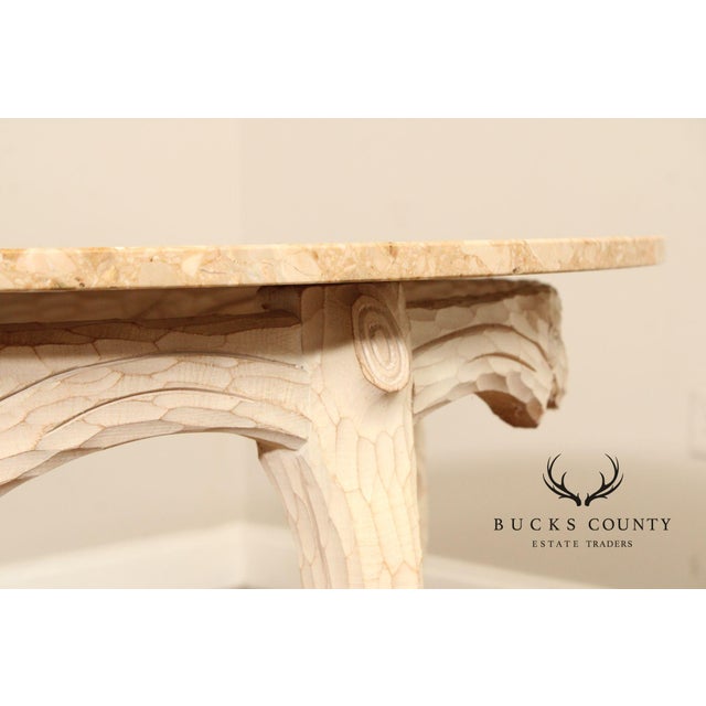Cream Late 20th Century Faux Bois Carved Wood & Marble Top Round Accent Table For Sale - Image 8 of 17