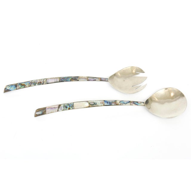 Vintage Silver-Plate and Abalone Salad Servers or Serving Pieces Pair Of For Sale - Image 4 of 10