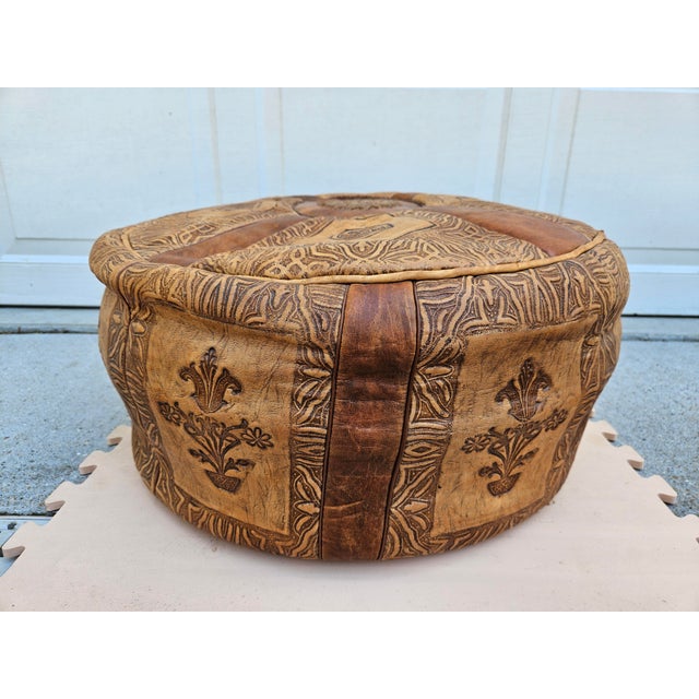 Mid-Century Modern Vintage Leather Moroccan Style Pouf Ottoman Footstool For Sale - Image 3 of 13