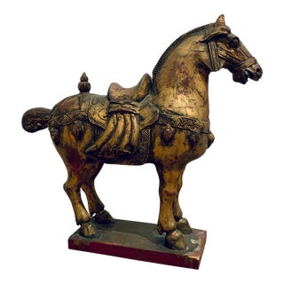 Vintage Asian Antique Gold Finished Carved Wood Tang Horse Sculpture For Sale