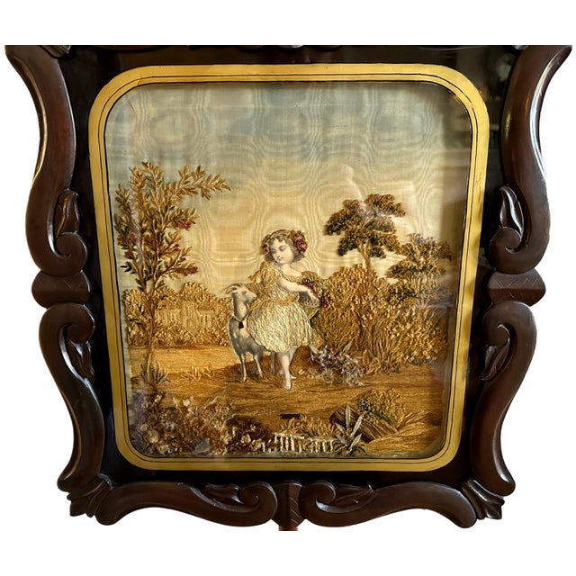 Antique Victorian c.1850s Carved Rosewood Embroidered Silk Fireplace Pole Screen Exquisite antique Victorian era (circa...