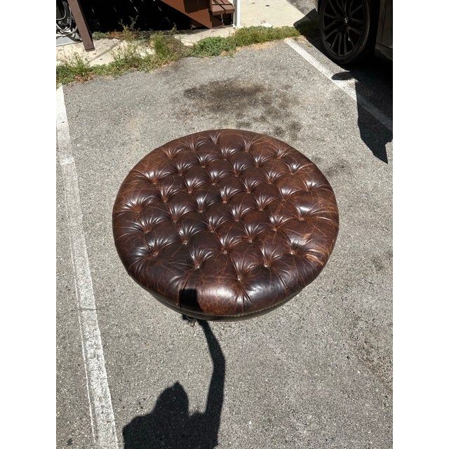 Chesterfield-Style Round Chocolate Leather Ottoman-Vintage For Sale In Los Angeles - Image 6 of 7