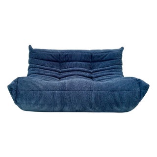 French Togo 2-Seater Sofa in Blue Corduroy attributed Michel Ducaroy for Ligne Roset, 1970s For Sale