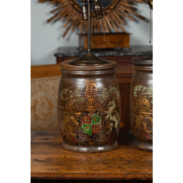 1880s English Wooden Barrels with Coat of Arms Made into Table Lamps - a Pair For Sale In Atlanta - Image 6 of 12