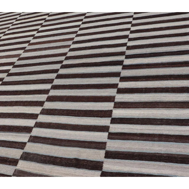 Brown 2020s Kilim Rug in Multi-Panel Striped Design With Chocolate Brown, Cream & Light Blue 8'9 X 11'9 For Sale - Image 8 of 13