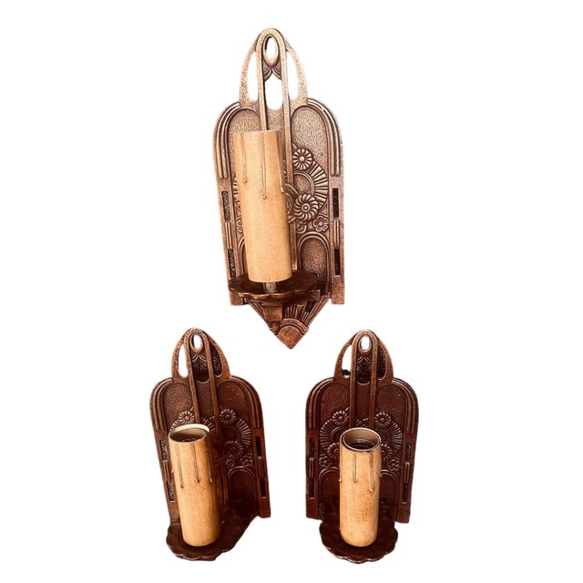 Art Deco Set 3 Art Deco “Lightolear” Wall Sconces in Original Patina, Circa 1930 For Sale - Image 3 of 5