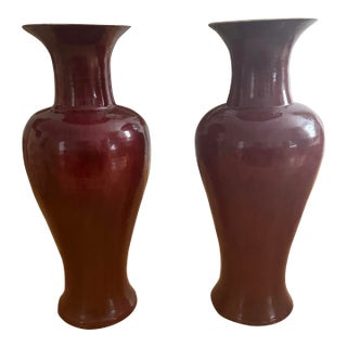 Large Vintage Oxblood Glazed Porcelain Ornamental Standing Tall Vase. Set of 2 For Sale