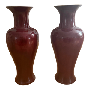 Large Vintage Oxblood Glazed Porcelain Ornamental Standing Tall Vase. Set of 2