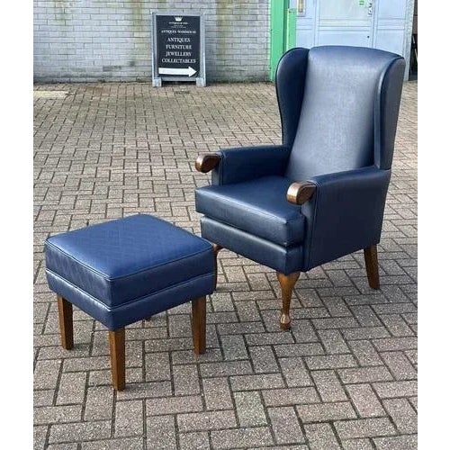 Set of Blue Leather Armchair & Foot Stool For Sale - Image 3 of 11