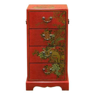Oriental Bright Red Golden Flower Bird Graphic Drawers Chest For Sale