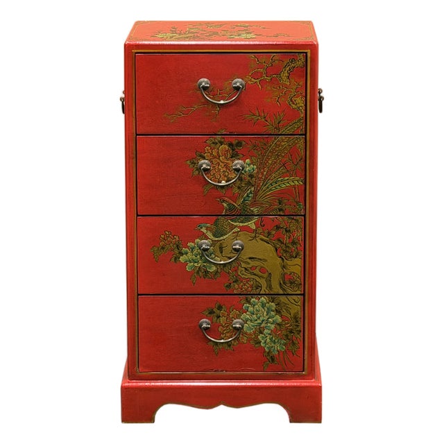 Oriental Bright Red Golden Flower Bird Graphic Drawers Chest For Sale