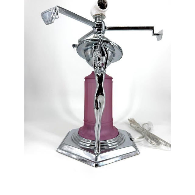 Pink 1980s Art Deco Frankart Style Chrome Table Lamp Pink Vianne Frosted Glass Nude Lady For Sale - Image 8 of 18