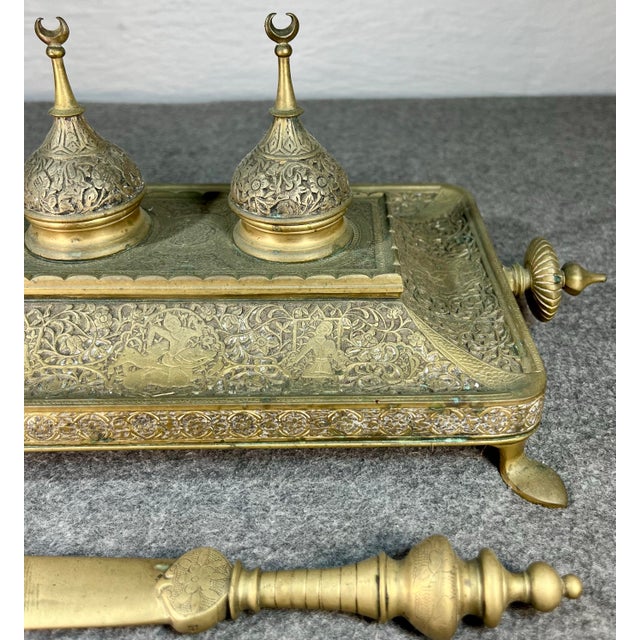 Antique Embossed Brass Double Inkwell For Sale - Image 10 of 11