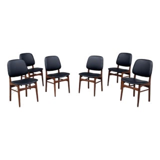 1960s Set of 6 Refinished Danish Modern Teak & Black Vinyl Dining Chairs- Set of 6 For Sale