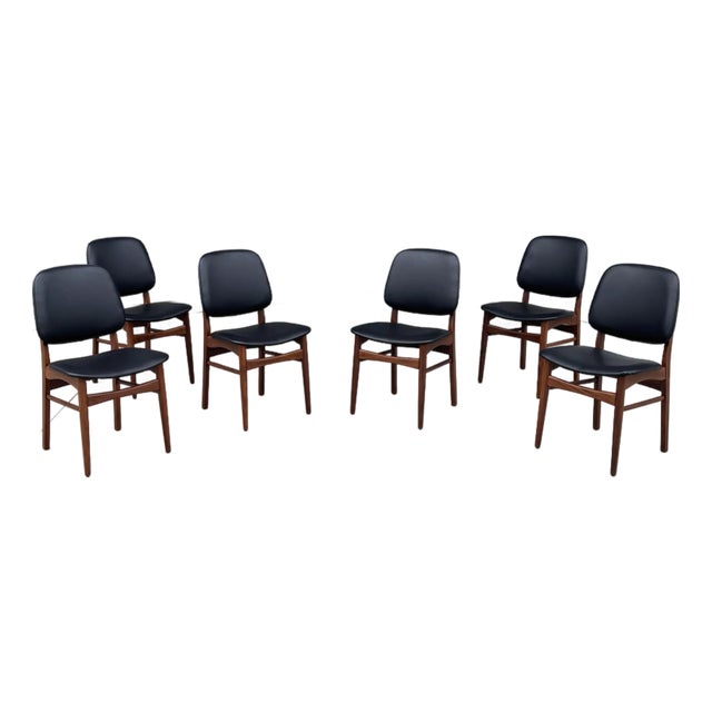 1960s Set of 6 Refinished Danish Modern Teak & Black Vinyl Dining Chairs- Set of 6 For Sale