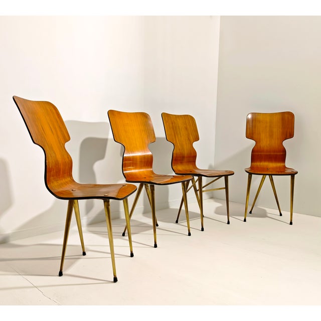 1970s Curved Wooden Chairs with Brass Legs, 1970, Set of 4 For Sale - Image 5 of 18